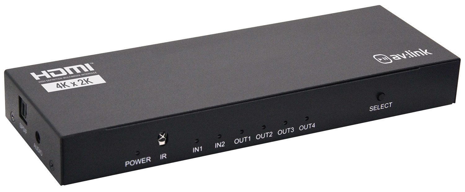 AV:Link HSS24 4K HDMI Switcher Splitter 2 In 4 Out with Audio Output - 4K 60Hz