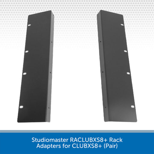Two Studiomaster RACLUBXS+ Rack Adapters on a white background with text indicating model and compatibility.