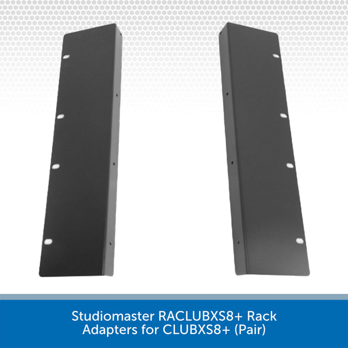 Two Studiomaster RACLUBXS+ Rack Adapters on a white background with text indicating model and compatibility.
