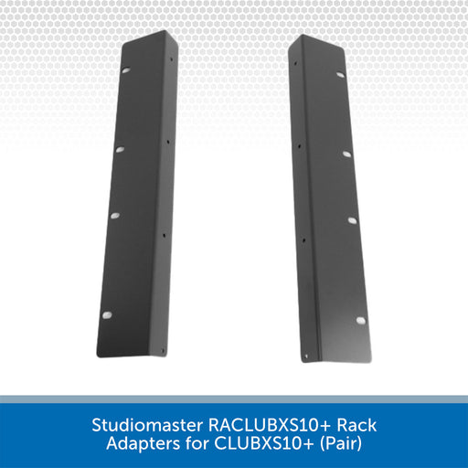 Two Studiomaster RACLUBXS10+ Rack Adapters on a white background with text indicating model and compatibility.