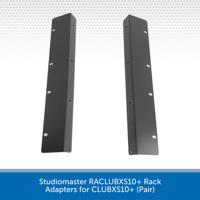 Two Studiomaster RACLUBXS10+ Rack Adapters on a white background with text indicating model and compatibility.