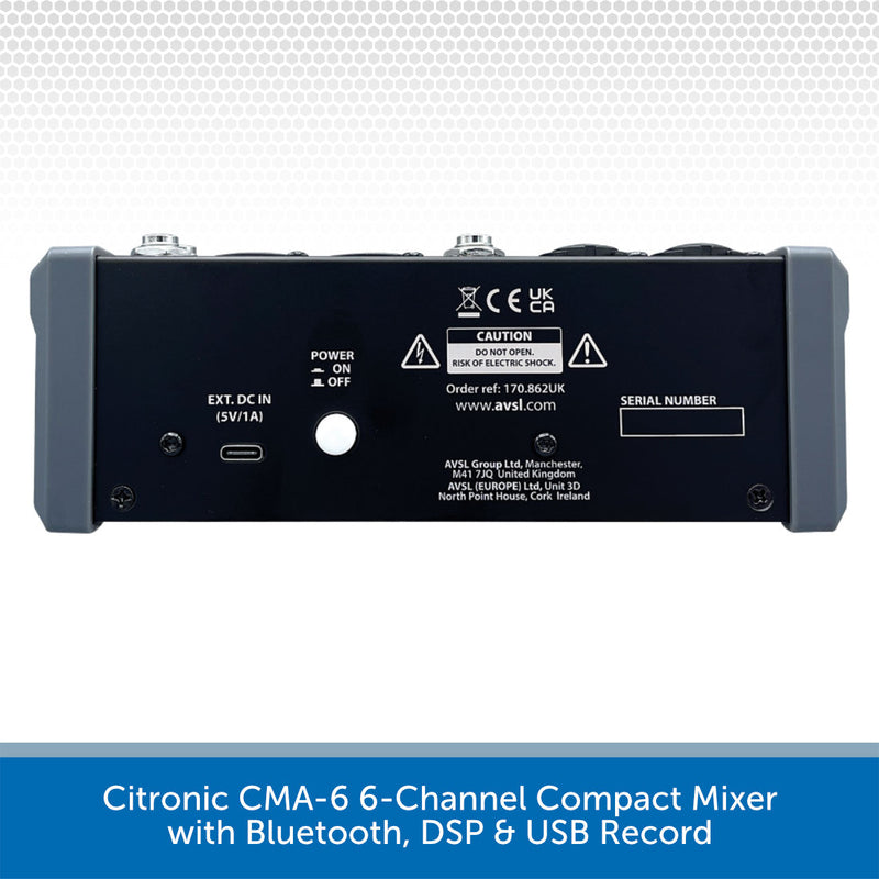Citronic CMA-6 6-Channel Compact Mixer with Bluetooth, DSP & USB Record