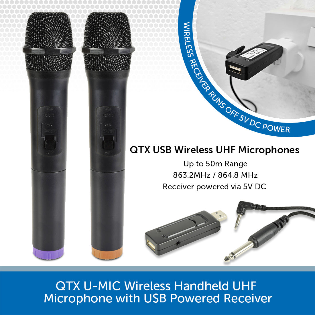 QTX U-MIC Wireless USB Powered Handheld UHF Microphone Audio Volt