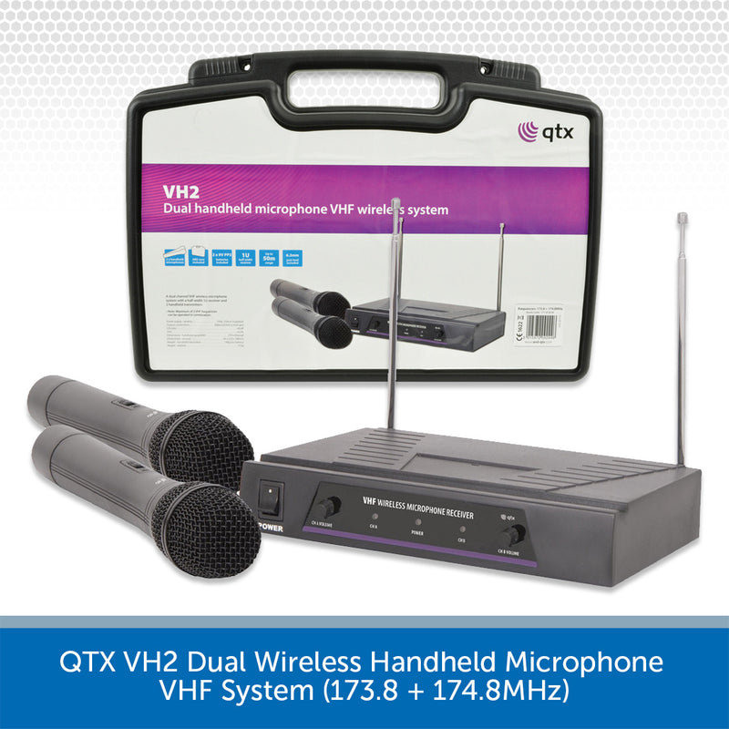 QTX VH2 Dual Wireless Handheld Microphone VHF System (173.8 + 174.8MHz)