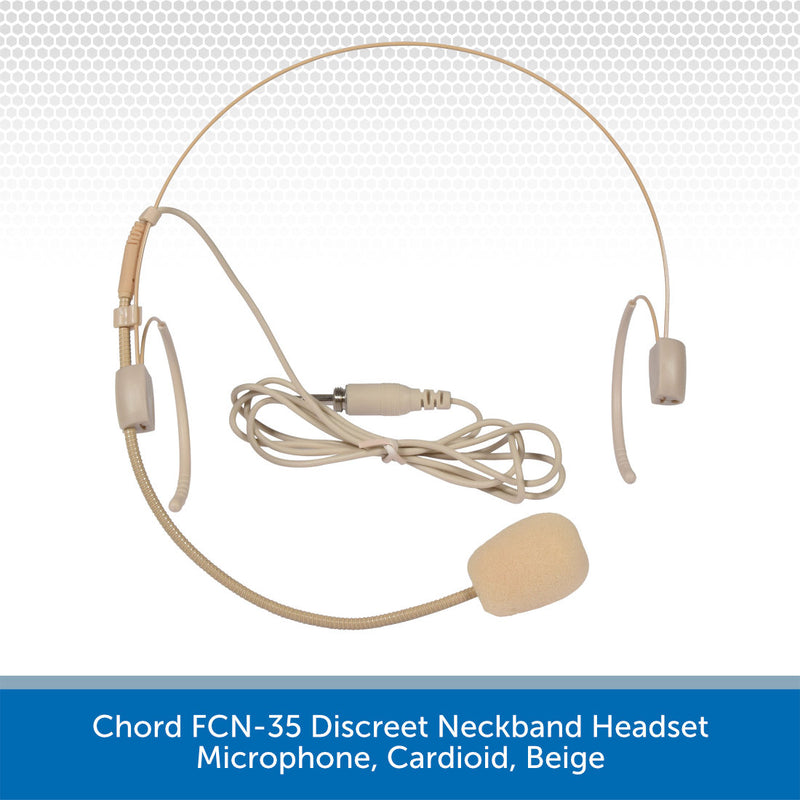 Chord FCN-35 Discreet Neckband Headset in beige, featuring a wired cardioid microphone and earpiece, shown against a white background with a blue text banner at the bottom.