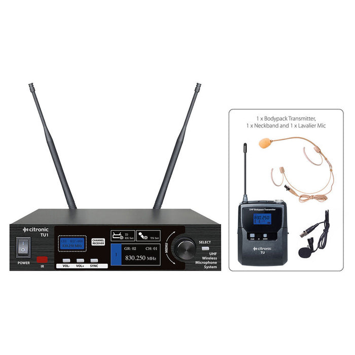 Citronic TU1-N PLL Tuneable UHF Wireless Microphone System - 1 x Beltpack with Neckband & Lavalier Mic
