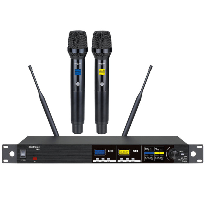 Citronic TU2-H PLL Tuneable Dual UHF True Diversity Wireless Microphone System with 2 x Handheld Microphones