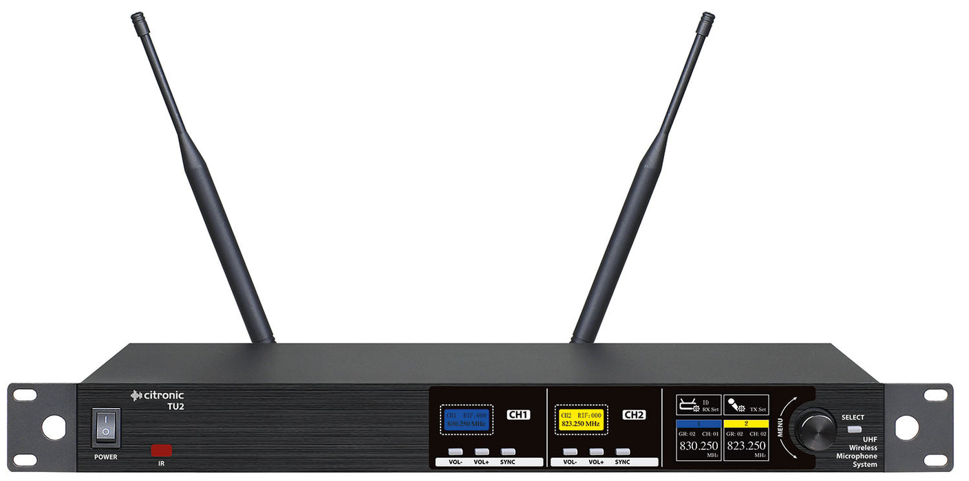 Citronic TU2-N PLL Tuneable Dual UHF Wireless Bodypack System - 2 x Neckband & Lavalier Microphones