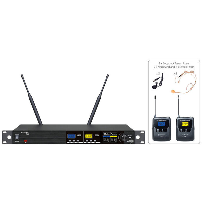 Citronic TU2-N PLL Tuneable Dual UHF Wireless Bodypack System - 2 x Neckband & Lavalier Microphones