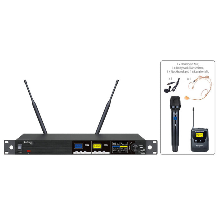 Citronic TU2-C Tuneable Dual UHF Wireless Microphone System - 1 x Handheld & 1 x Bodypack