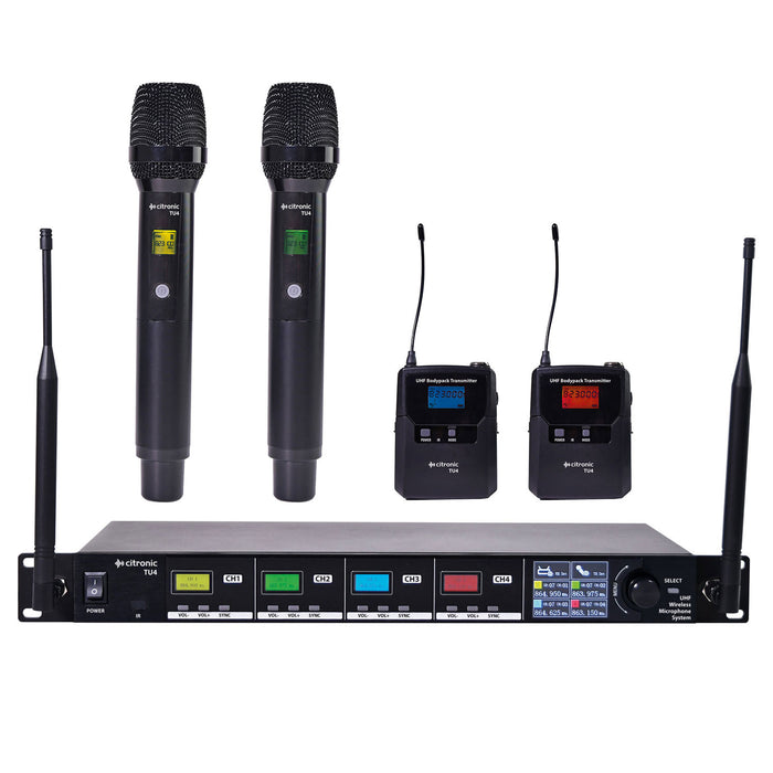 Citronic TU4-C Quad PLL Tuneable UHF Wireless Microphone System - 2 x Handheld & 2 x Bodypacks