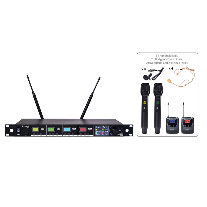 Citronic TU4-C Quad PLL Tuneable UHF Wireless Microphone System - 2 x Handheld & 2 x Bodypacks
