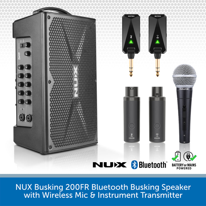 A NUX busking 200FR Bluetooth speaker shown alongside wireless microphones and instrument transmitters on a light gray patterned background with a blue banner at the bottom.