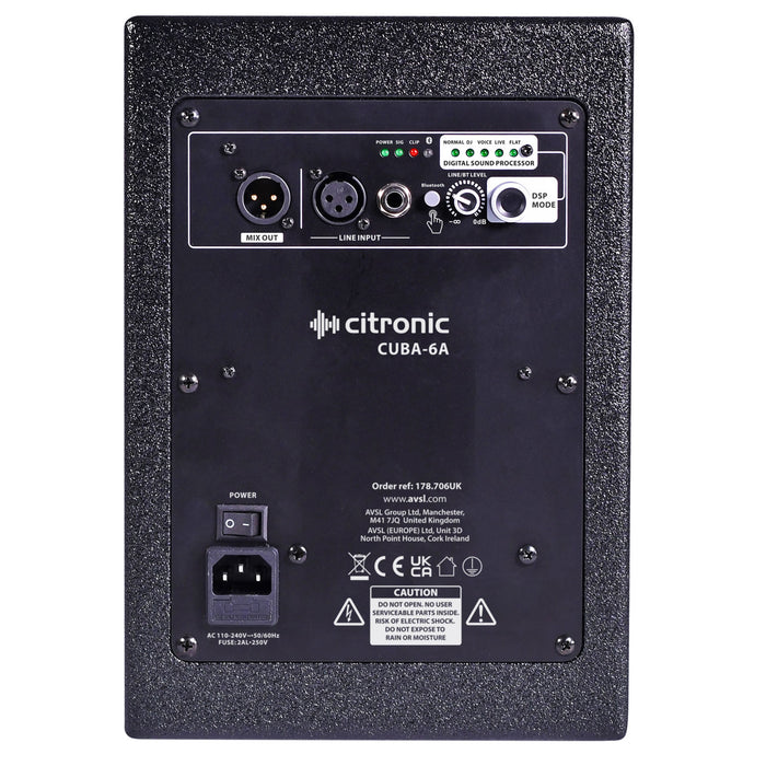 Citronic CUBA-6A 6.5" 100W Full-Range Active PA Speaker with DSP & Bluetooth - Black