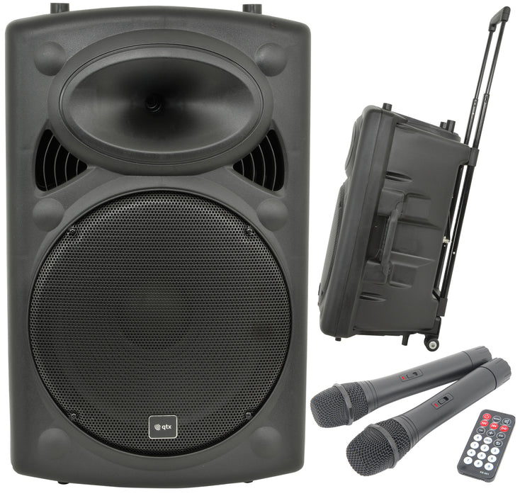 QTX QR15PA 15" Portable PA Speaker | 2 x UHF Wireless Microphones