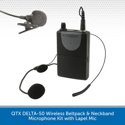 QTX DELTA-50 Wireless Beltpack & Neckband Microphone Kit with Lapel Mic on a white background
