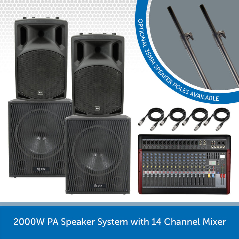 2000W PA Speaker System with 14 Channel Mixer
