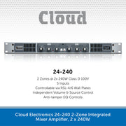 Cloud Electronics 24-240 integrated mixer amplifier shown on a white and blue promotional background with product specifications text below.