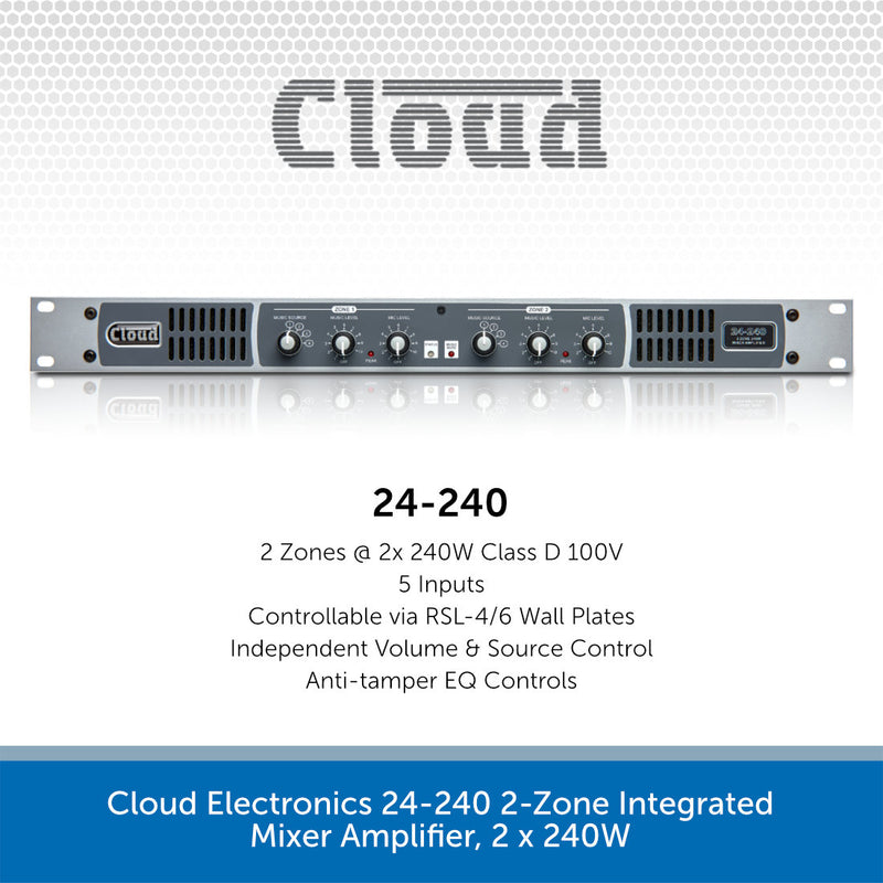Cloud Electronics 24-240 integrated mixer amplifier shown on a white and blue promotional background with product specifications text below.