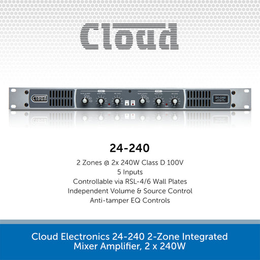 Cloud Electronics 24-240 integrated mixer amplifier shown on a white and blue promotional background with product specifications text below.