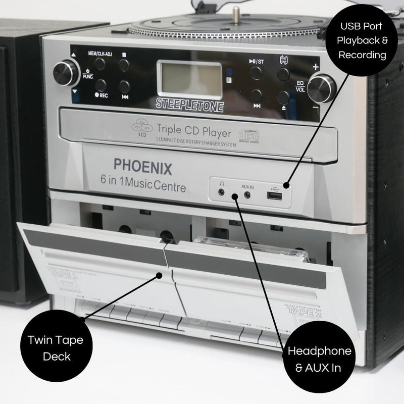 Steepletone Phoenix 6-In-1 Music Centre - Bluetooth, MP3, FM Radio, CD, Cassette Player