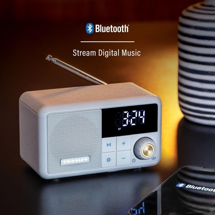 Crosley Cooper Retro AM/FM Radio & Portable Bluetooth Speaker with LED Display (Pebble)