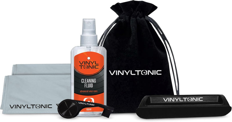 Vinyl Tonic Record Cleaning Kit with Velvet Storage Bag - Fluid, Brush & Cloth Included