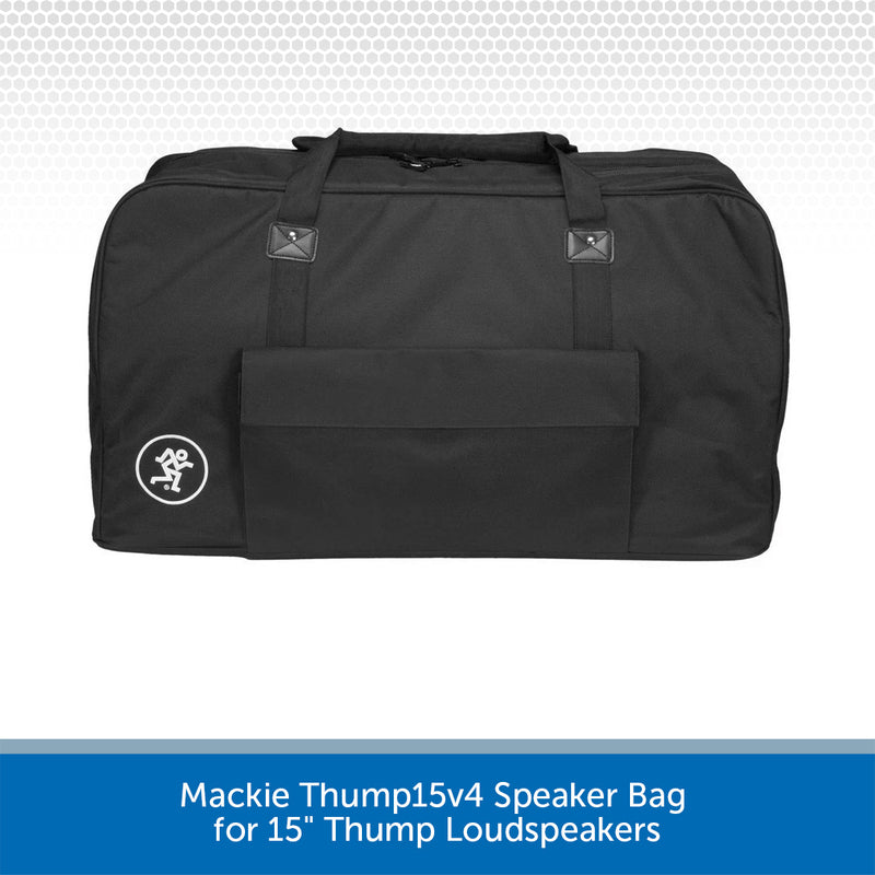Black speaker bag for Mackie Thump15v4 speakers on a light gray background