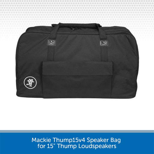 Black speaker bag for Mackie Thump15v4 speakers on a light gray background