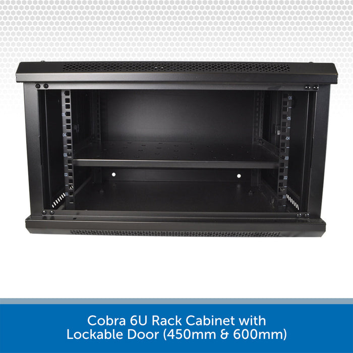 Black Cobra 6U rack cabinet with lockable door on a white background