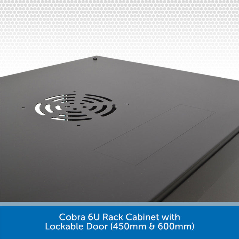 Corner of a Cobra 6U rack cabinet with lockable door on a white background
