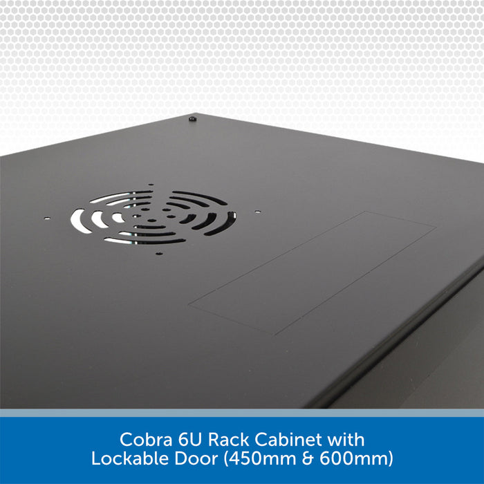 Corner of a Cobra 6U rack cabinet with lockable door on a white background