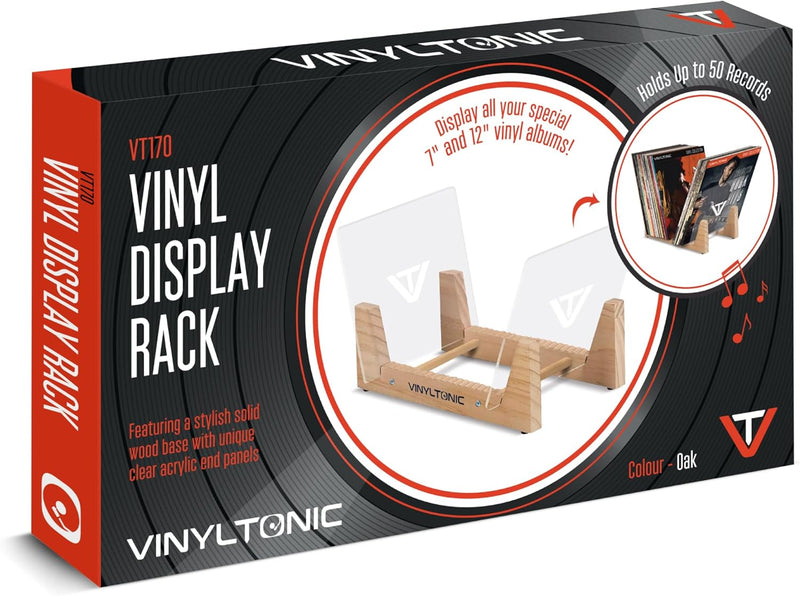 Vinyl Tonic 7" & 12" Record Display Stand - Holds 50 LPs - Wooden Oak & Acrylic