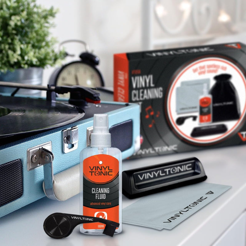 Vinyl Tonic Record Cleaning Kit with Velvet Storage Bag - Fluid, Brush & Cloth Included