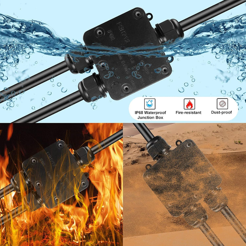 IP68 Weatherproof Outdoor Cable Connector Junction Box, 1-In / 2-Out