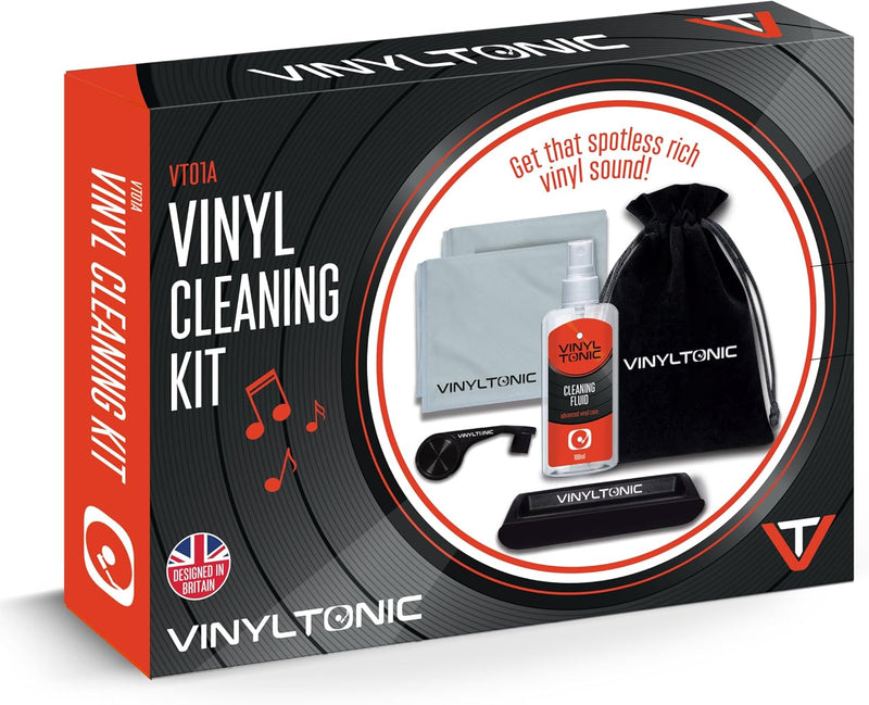 Vinyl Tonic Record Cleaning Kit with Velvet Storage Bag - Fluid, Brush & Cloth Included