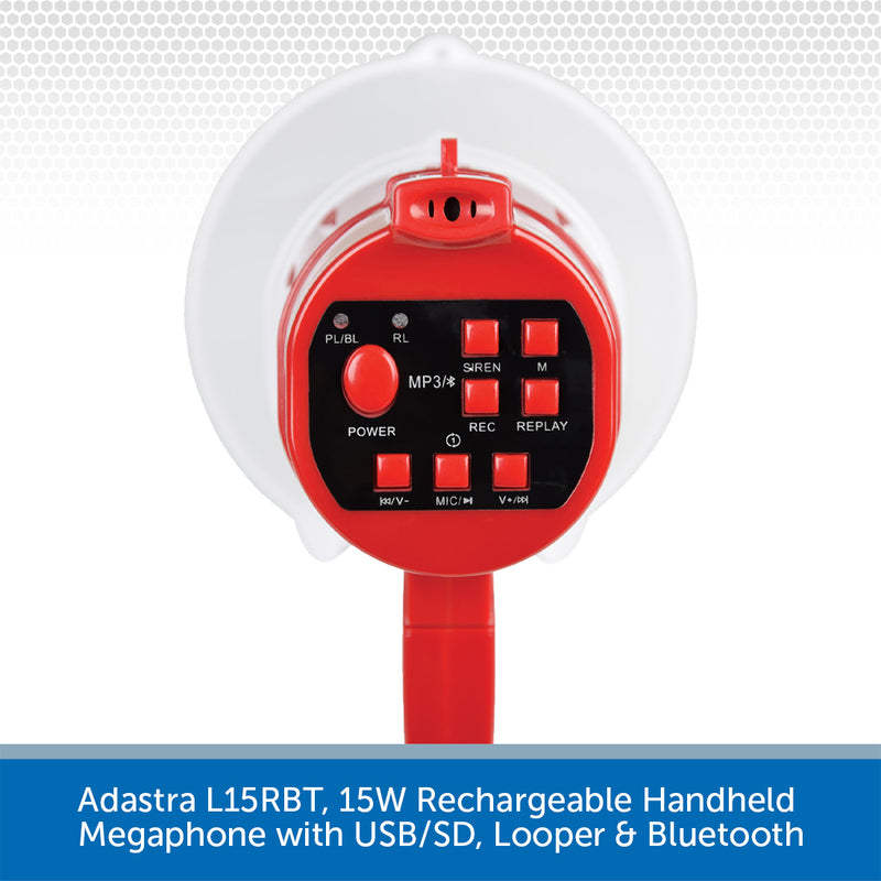 Adastra L15RBT, 15W Rechargeable Handheld Megaphone with USB/SD, Looper & Bluetooth