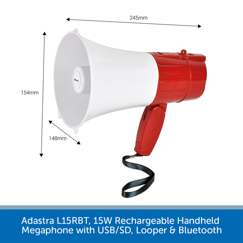Adastra L15RBT, 15W Rechargeable Handheld Megaphone with USB/SD, Looper & Bluetooth