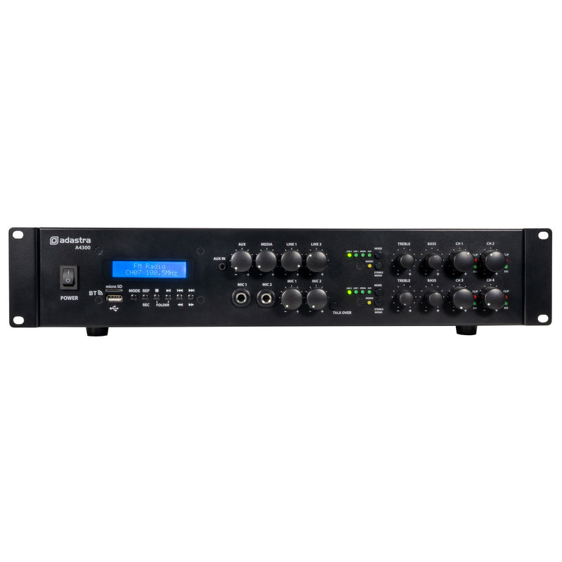 Adastra A4300 2-Zone (4 x 300W) Bluetooth Mixer Amplifier, 4Ω Class-D, USB/FM/Optical