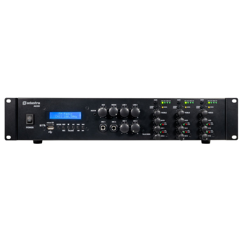 Adastra A6300 3-Zone (6 x 300W) Bluetooth Mixer Amplifier, 4Ω Class-D, USB/FM/Optical