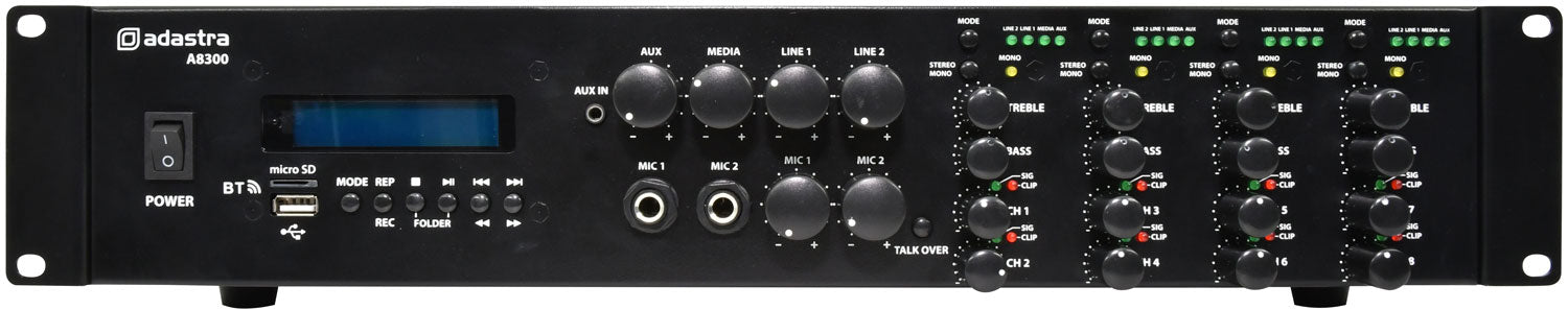 Adastra A8300 4-Zone (8 x 300W) Bluetooth Mixer Amplifier, 4Ω Class-D, USB/FM/Optical