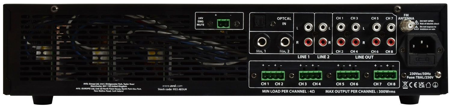 Adastra A8300 4-Zone (8 x 300W) Bluetooth Mixer Amplifier, 4Ω Class-D, USB/FM/Optical