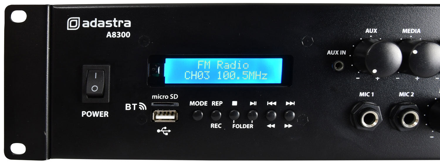 Adastra A8300 4-Zone (8 x 300W) Bluetooth Mixer Amplifier, 4Ω Class-D, USB/FM/Optical