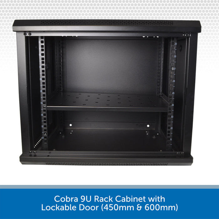 Black Cobra 9U rack cabinet with lockable door on a white background