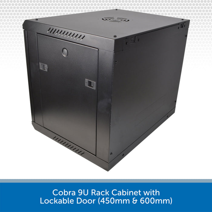 Black Cobra 9U rack cabinet with lockable door on a white background