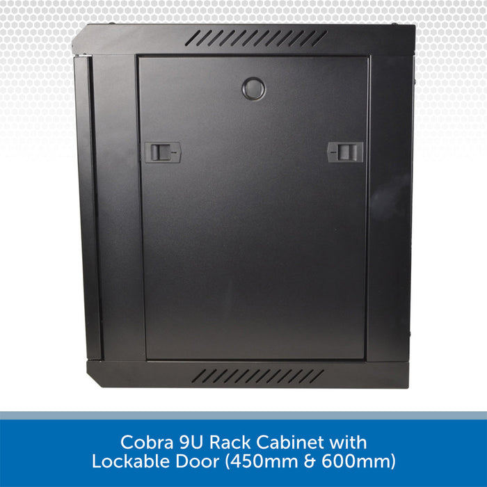 Black Cobra 9U rack cabinet with lockable door on a white background