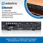 Adastra A200 2x100W Stereo Amplifier with Bluetooth, FM Tuner, USB & SD