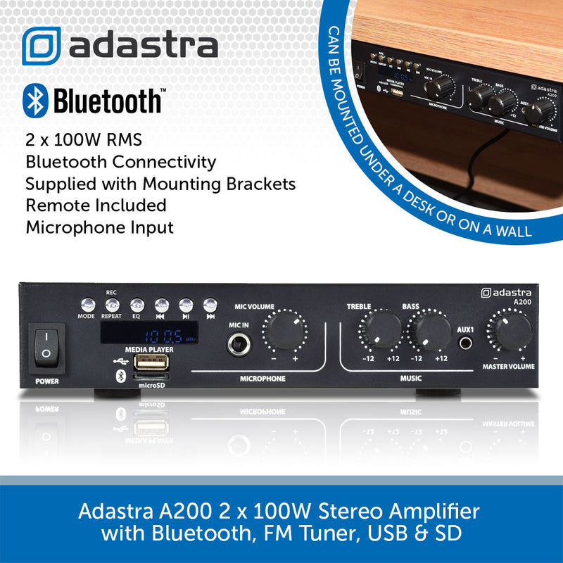 Adastra A200 2x100W Stereo Amplifier with Bluetooth, FM Tuner, USB & SD