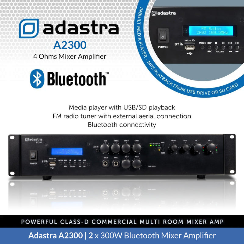 Adastra A2300 2 x 300W Bluetooth Mixer Amplifier, 4Ω Class-D, USB/FM/Optical