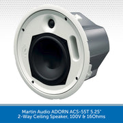 Martin Audio ADORN ACS-55T 5.25" 2-Way Ceiling Speaker, 100V & 160Ohms, shown from a three-quarters angle with a white mounting ring, black woofer cone, and gray housing against a white background with a blue text banner at the bottom.